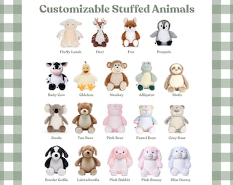 May include: A collection of customizable stuffed animals arranged in a grid, including a lamb, deer, fox, penguin, cow, chicken, monkey, alligator, sloth, koala, various bears, a border collie, labradoodle, and rabbits with the text Customizable Stuffed Animals.