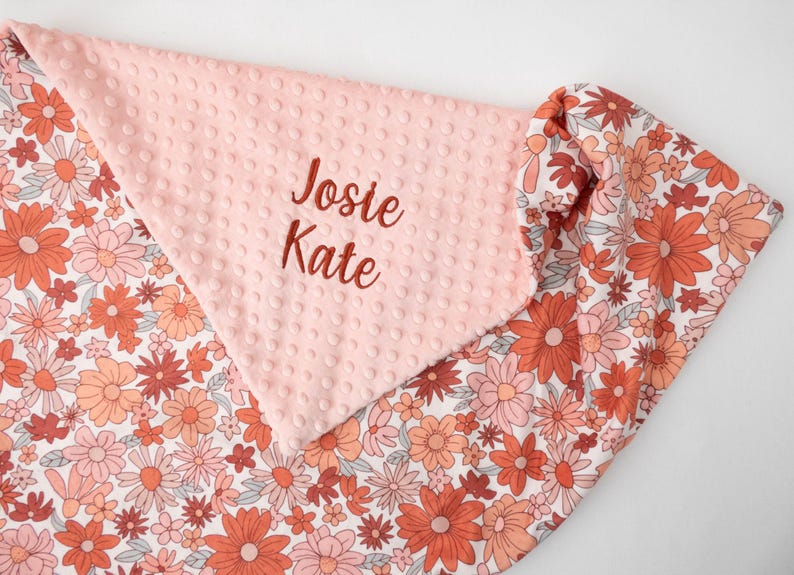 Retro Floral Personalized Baby Blanket, Minky Baby Blanket, Baby Blanket with Name, Monogram Baby Blanket, Baby Girl Gift, Baby Shower Gift image 2