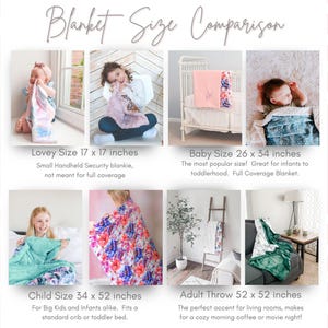 May include: A comparison chart of different blanket sizes, showing a lovey, baby, child, and adult throw blanket. The chart includes the dimensions of each blanket in inches. The text reads "Blanket Size Comparison".