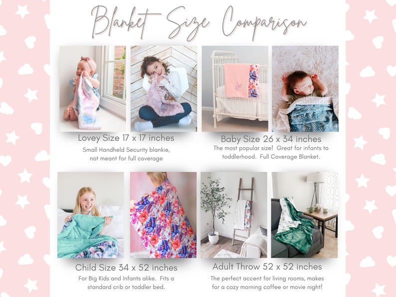 May include: A comparison chart of different blanket sizes, showing a lovey, baby, child, and adult throw blanket. The chart includes the dimensions of each blanket in inches. The text reads "Blanket Size Comparison".