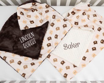 Teddy Bear Personalized Baby Blanket, Minky Baby Blanket, Baby Blanket with Name, Monogram Baby Blanket, Baby Bear Gift, Neutral