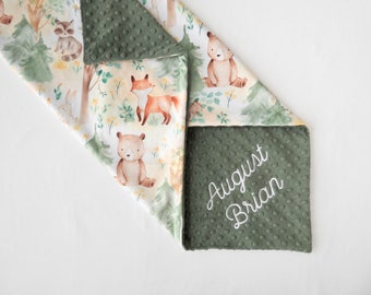 Animaux de la forêt - Couverture personnalisée pour bébé - Couverture pour bébé Minky - Couverture pour bébé avec nom - Couverture pour bébé Monogramme - Cadeau pour bébé neutre en matière de genre