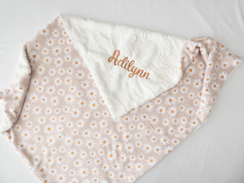 Tan Daisy Floral Personalized Baby Blanket, Minky Baby Blanket, Baby Blanket with Name, Monogram Baby Blanket, Daisies, Floral Baby Gift image 5