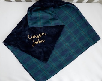 Personalized Blanket, Navy Tartan Minky Baby Blanket with Name or Monogram