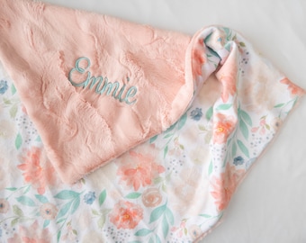 Dahlia Floral Personalized Baby Blanket, Minky Baby Blanket, Dahlia Baby Girl Blanket, Monogram Baby Shower Gift, New Baby, Floral Blanket