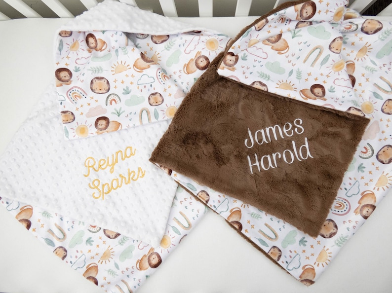 Little Lion Personalized Baby Blanket, Minky Baby Blanket, Baby Blanket with Name, Monogram Baby Blanket, Newborn Gift, Rainbow Baby Gift image 2