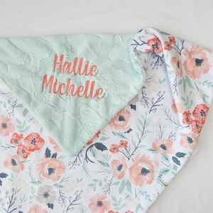 Spring Meadow Personalized Baby Blanket, Minky Baby Blanket, Baby Blanket with Name, Monogram Baby Blanket, Floral Baby Blanket, Baby Girl image 1