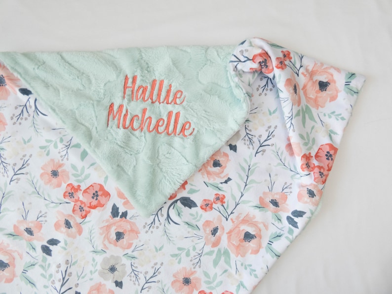 Spring Meadow Personalized Baby Blanket, Minky Baby Blanket, Baby Blanket with Name, Monogram Baby Blanket, Floral Baby Blanket, Baby Girl image 1