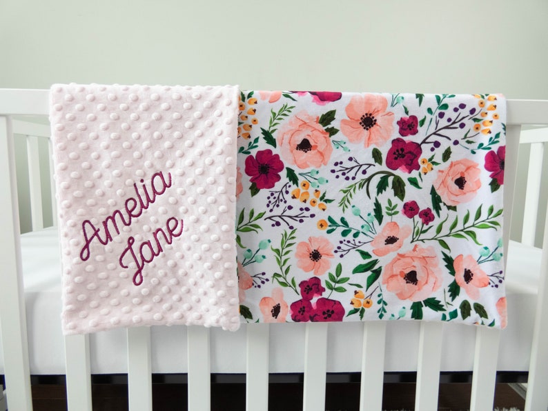 Josie Floral Personalized Baby Blanket, Minky Floral Baby Blanket with Name, Personalized Baby Blanket, Pink Baby Blanket, Baby Gift image 4