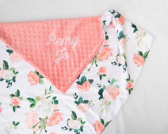 Blushed Coral Floral Personalized Baby Blanket, Minky Baby Blanket, Baby Blanket with Name, Monogram Blanket, Floral Blanket, Baby Girl Gift