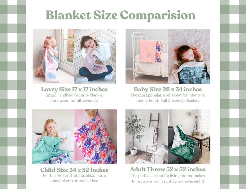 May include: A comparison chart of different blanket sizes with images of children and adults using the blankets. The chart shows the blanket sizes in inches: Lovey 17 x 17 inches, Baby 26 x 34 inches, Child 34 x 52 inches, and Adult Throw 52 x 52 inches.