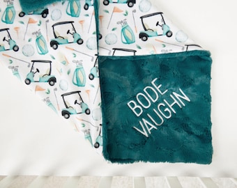 Golf Personalized Baby Blanket, Golfing Nursery, Kids Room Decor, Custom Minky Baby Blanket, Teal, Golf Baby Shower Gift