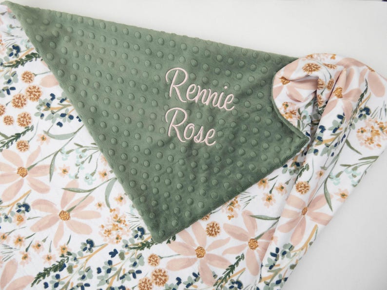 Personalized Minky Baby Blanket – Daisy Dream Floral Blanket – Custom Embroidered Baby Blanket – Monogram – Soft Green Baby Shower Gift image 4