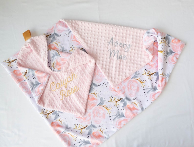 Personalized Baby Blanket, Minky Baby Blanket, Baby Blanket with Name, Monogram Blanket, Floral Blanket, Baby Girl Blanket, Champagne Rose image 3