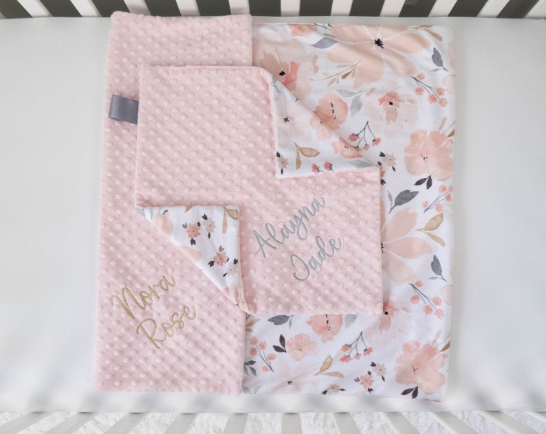 Grace Floral Baby Blanket, Personalized Baby Blanket, Monogram, New Baby Gift, Baby Girl Nursery, Girl Baby Blanket, Pink and Grey Décor image 4