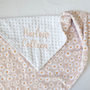 Tan Daisy Floral Personalized Baby Blanket, Minky Baby Blanket, Baby Blanket with Name, Monogram Baby Blanket, Daisies, Floral Baby Gift image 1