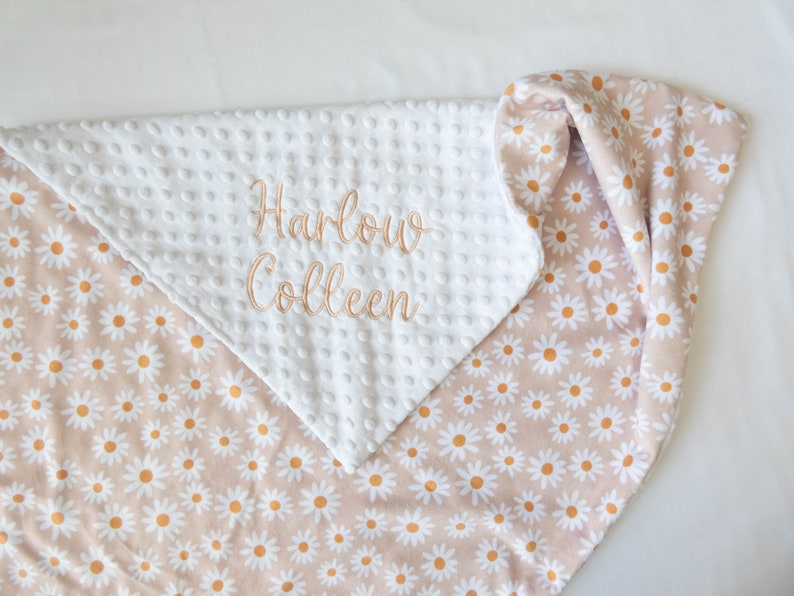 Tan Daisy Floral Personalized Baby Blanket, Minky Baby Blanket, Baby Blanket with Name, Monogram Baby Blanket, Daisies, Floral Baby Gift image 1