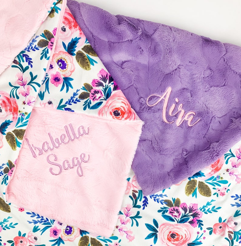 Floral Personalized Baby Blanket, Baby Girl Baby Blanket, Minky Blanket with Name, Monogrammed Baby Girl Blanket, Baby Gift, Victoria Floral image 1