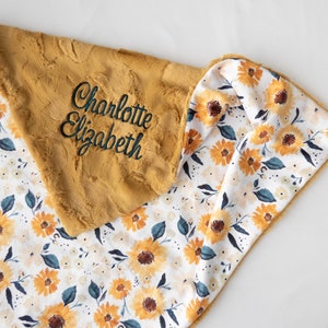 Sunflower Personalized Baby Blanket, Minky Baby Blanket, Baby Blanket with Name, Monogram Baby Blanket, Floral Blanket, Baby Girl Gift image 1