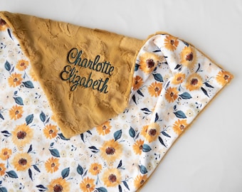 Sunflower Personalized Baby Blanket, Minky Baby Blanket, Baby Blanket with Name, Monogram Baby Blanket, Floral Blanket, Baby Girl Gift