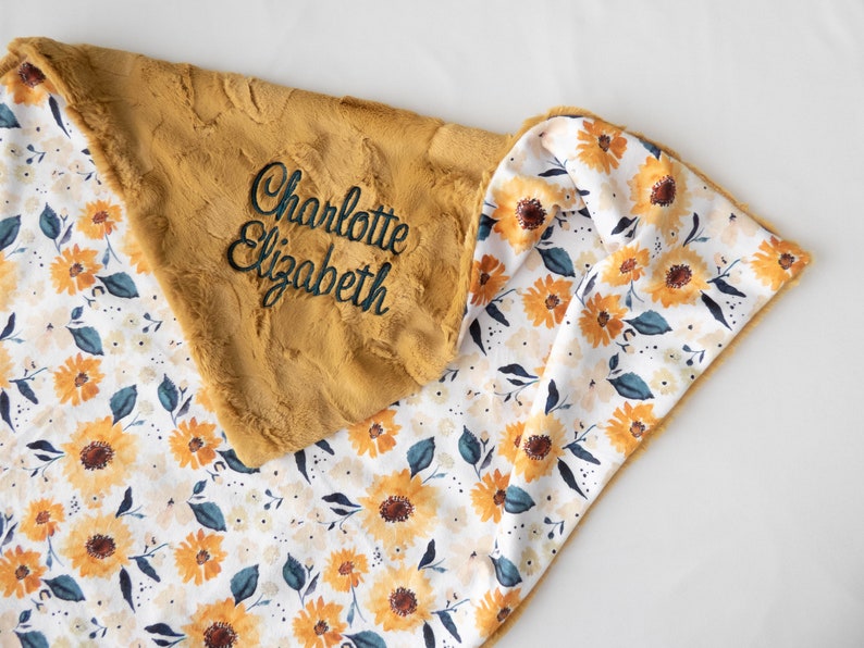 Sunflower Personalized Baby Blanket, Minky Baby Blanket, Baby Blanket with Name, Monogram Baby Blanket, Floral Blanket, Baby Girl Gift image 1