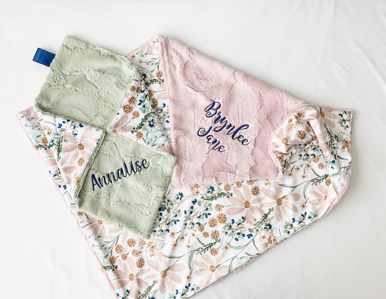 Daisy Dream Floral Personalized Baby Blanket, Minky Baby Blanket, Baby Blanket with Name, Monogram Baby Blanket, Floral Baby Gift, Green image 1