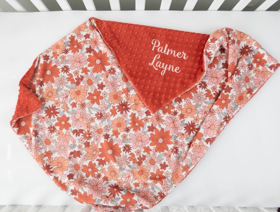 Retro Floral Personalized Baby Blanket, Minky Baby Blanket, Baby Blanket with Name, Monogram Baby Blanket, Baby Girl Gift, Baby Shower Gift
