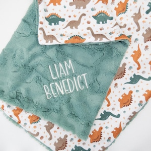 May include: A soft, green, plush baby blanket with a white dinosaur print on the reverse side. The blanket is personalized with the name "Liam Benedict" embroidered in white.