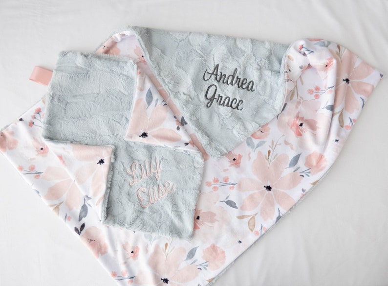 Grace Floral Baby Blanket, Personalized Baby Blanket, Monogram, New Baby Gift, Baby Girl Nursery, Girl Baby Blanket, Pink and Grey Décor image 2