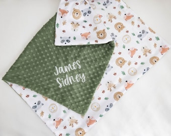Personalized Minky Baby Blanket, Woodland Friends Theme