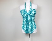 Vintage 90s Green White Tie Dye Striped Abstract Print Halter Top Swimsuit One Piece Bathing Suit Swimwear Sz Small