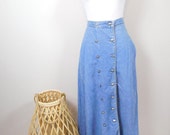 Vintage 80s Coldwater Creek Light Blue Jean Silver Button Down High Waisted Long Minimal Maxi A Line Denim Skirt 4 Small