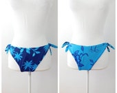 60 OFF BLOWOUT SALE Vintage Reversible Blue Turquoise Palm Tree Print Bikini Side Ties Swim Bathing Suit Swimwear Bottom Separate Medium