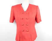 Vintage Kasper A.S.L. 1990s 90s Coral Gold Double Breasted Short Sleeve Lined Blazer Jacket Coat Sz 8 Petite Medium