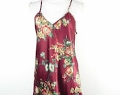 60 BIG XMAS SALE Vintage Romance Du Jour Burgundy Silky Floral Flower Print Spaghetti Strap Tank Cami Knee Length Lingerie Dress Medium