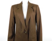 Vintage Sag Harbor Dark Brown Pure New Wool Shield Button Minimal Evening Long Sleeve Blazer Jacket Coat Sz Large