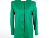 Vintage Karen Ellis Wool Kelly Green Minimal Hidden Button Down Lined Long Sleeve Blazer Jacket Coat Sz 9 10 Medium