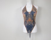 Vintage 90s Black Brown Abstract Print Backless Halter Top Lined Swimsuit One Piece Bathing Suit Swimwear Sz Medium