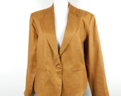 Vintage 1990s Carol Horn Camel Linen One Button Suit Minimal Evening Boho Casual Long Sleeve Blazer Jacket Coat Sz 12 Large Petite