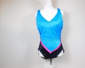 50 OFF FALL SALE Vintage 90s Black Blue Colorblock Print V Shaped Swimsuit Retro One Piece Low Back Bathing Suit Swimwear 18 1X Plus Size