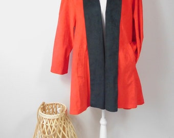 Vintage 80s Stanley Sherman Red Black Trim Faux Suede Two Tone Open Oversized Long Sleeve Trench Jacket Coat Sz 16/Xl Plus Size