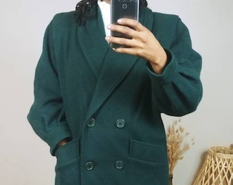 Vintage 80er Jahre Noble Fashions Waldgrün Wollmischung Zweireihig Button Up Langarm Kurz Knie Trench Jacke Mantel Sz Large