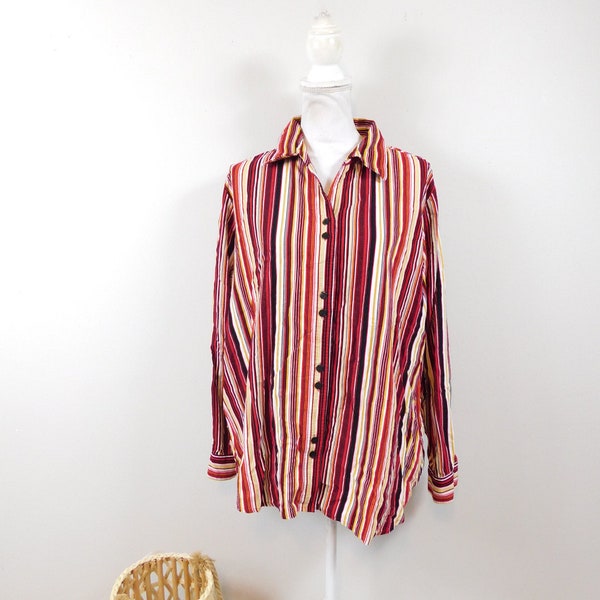Vintage 80s Design Loft Red Black Corduroy Vertical Striped Print Button Down Collared Long Sleeve Blouse Shirt Sz 2X Plus Size
