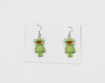 Vintage 90s Frog Green Print Kermit Small Cute 3D Pierced Dangle Drop Steel Hook Earrings Jewelry Fashion Accessory