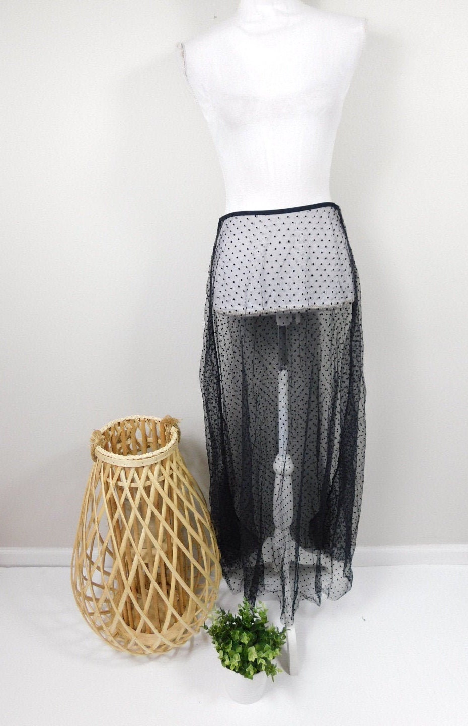 Vintage 00s Black Polka Geometric Dot Print Sheer Swim Maxi Long Skirt Bikini Bathing Suit Coverup Swimwear Sz Small/Medium/Large