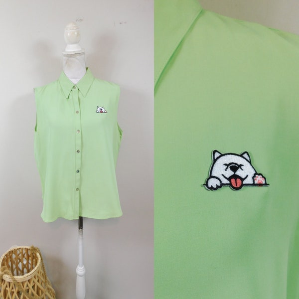 Vintage Lauren Lee Light Green American Eskimo Dog Embroidered Button Up Collared Sleeveless Blouse Top Shirt Sz 16/XL Plus Size