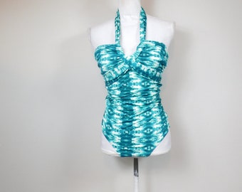Vintage 90s Teal Green White Tie Dye Striped Abstract Print Halter Top Ruched Swimsuit One Piece Bathing Suit Swimwear Sz Small