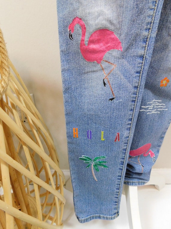 Vintage 00s Hand Painted Blue Colorful Flower Flamingo Bird Print Denim Low  Rise Stretch Skinny Cut Jeans Pants Bottoms Sz 3 Small - Etsy