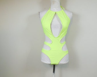 Vintage 00s Neon Green Cut Out Sides Open Halter Top Neck One Piece Minimal Bathing Suit Swimsuit Swimwear Sz Small/Medium/Large