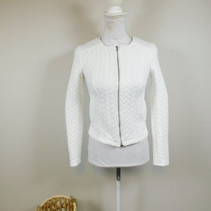 Vintage 00s Bright White Quilted Diamond Print Stitch Bomber Silver Metal Zipper Up Fitted Minimal Long Sleeve Jacket Coat Sz XS
